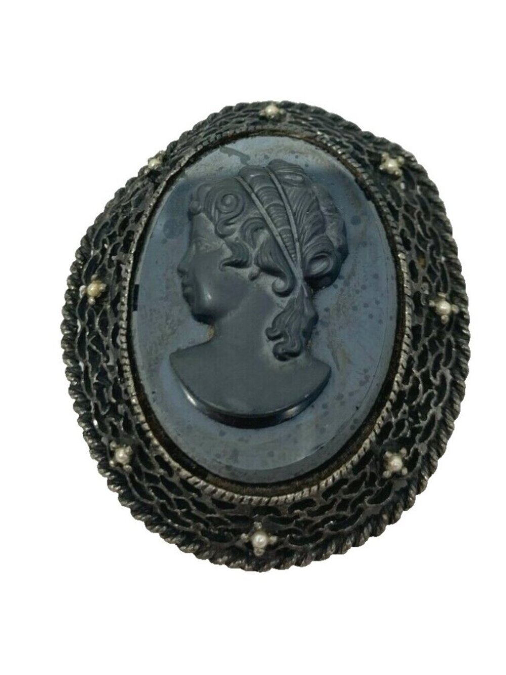 VINTAGE CAMEO PENDANT BROOCH BLACK GLASS FILIGREE SETTING (mj)